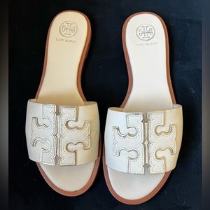 Pre-loved Tory Burch Ines slide in cream and gold.size women’s-6.